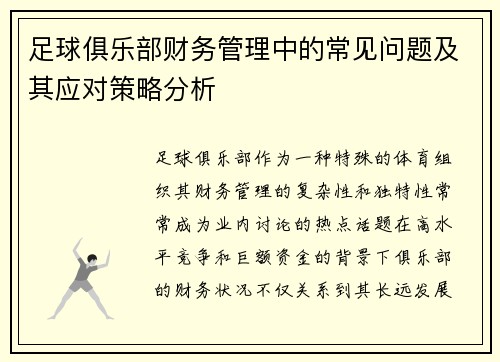 足球俱乐部财务管理中的常见问题及其应对策略分析